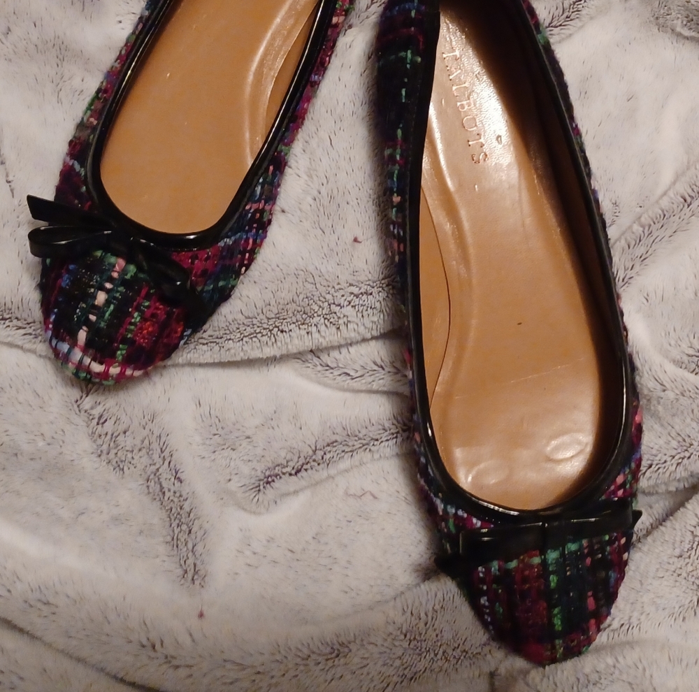 Women's Talbot tweed multicolor pink black blue patent bow flats size 8.5M